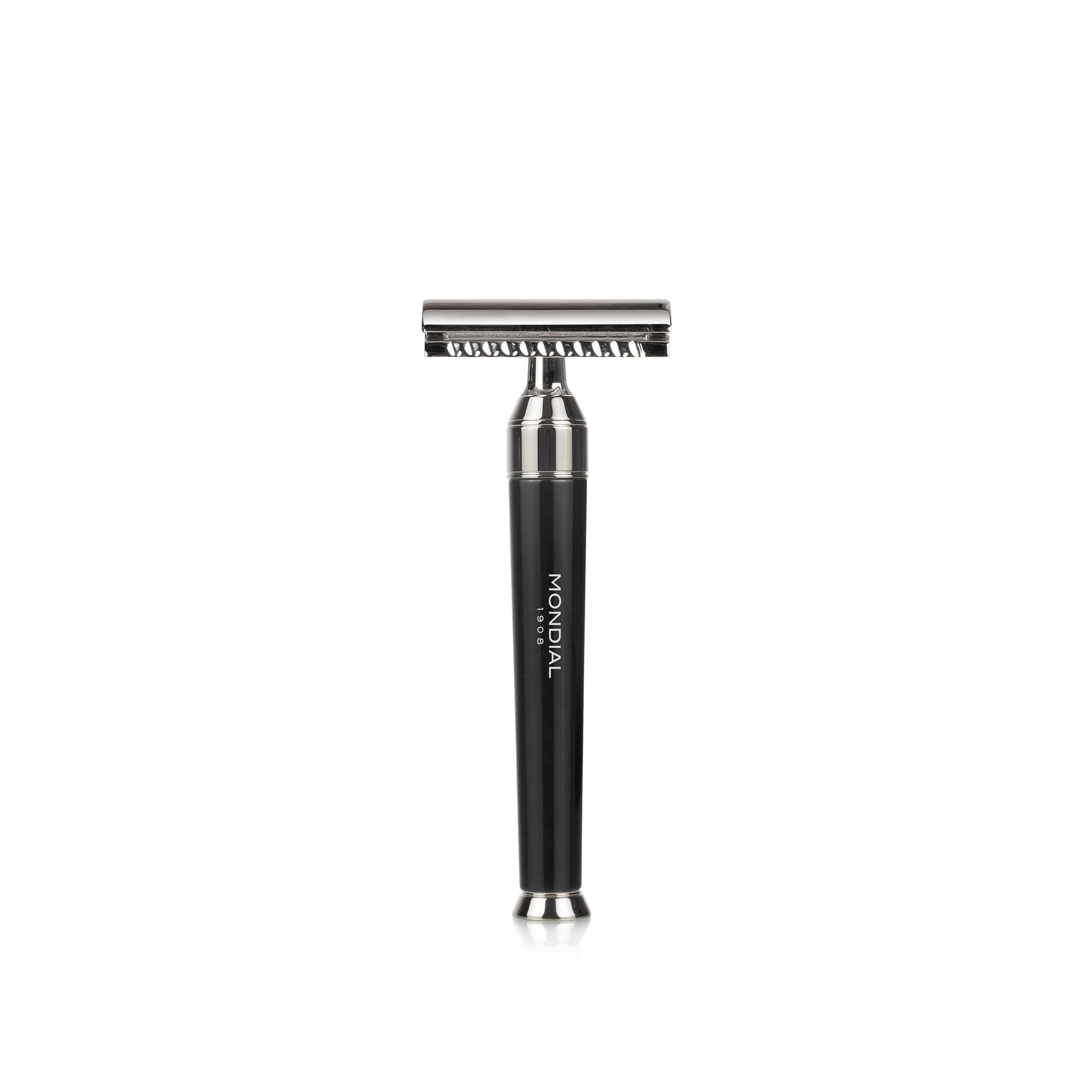 Premium Black Shaving Set: Chrome Stand & Bowl + Super Badger Brush + Safety Razor