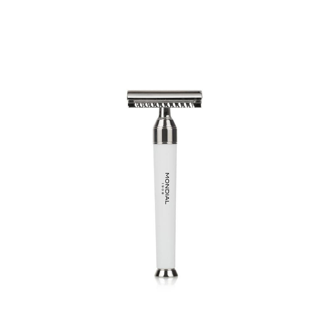 Premium White Shaving Set: Chrome Stand & Bowl + Super Badger Brush + Safety Razor
