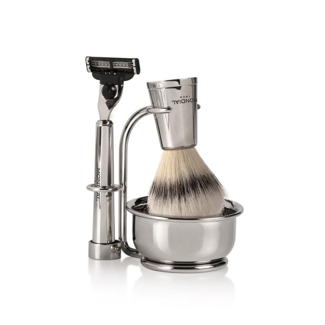 Vespucci Nickel Shaving Set: Chrome Stand & Bowl + Super Badger Brush + Razor