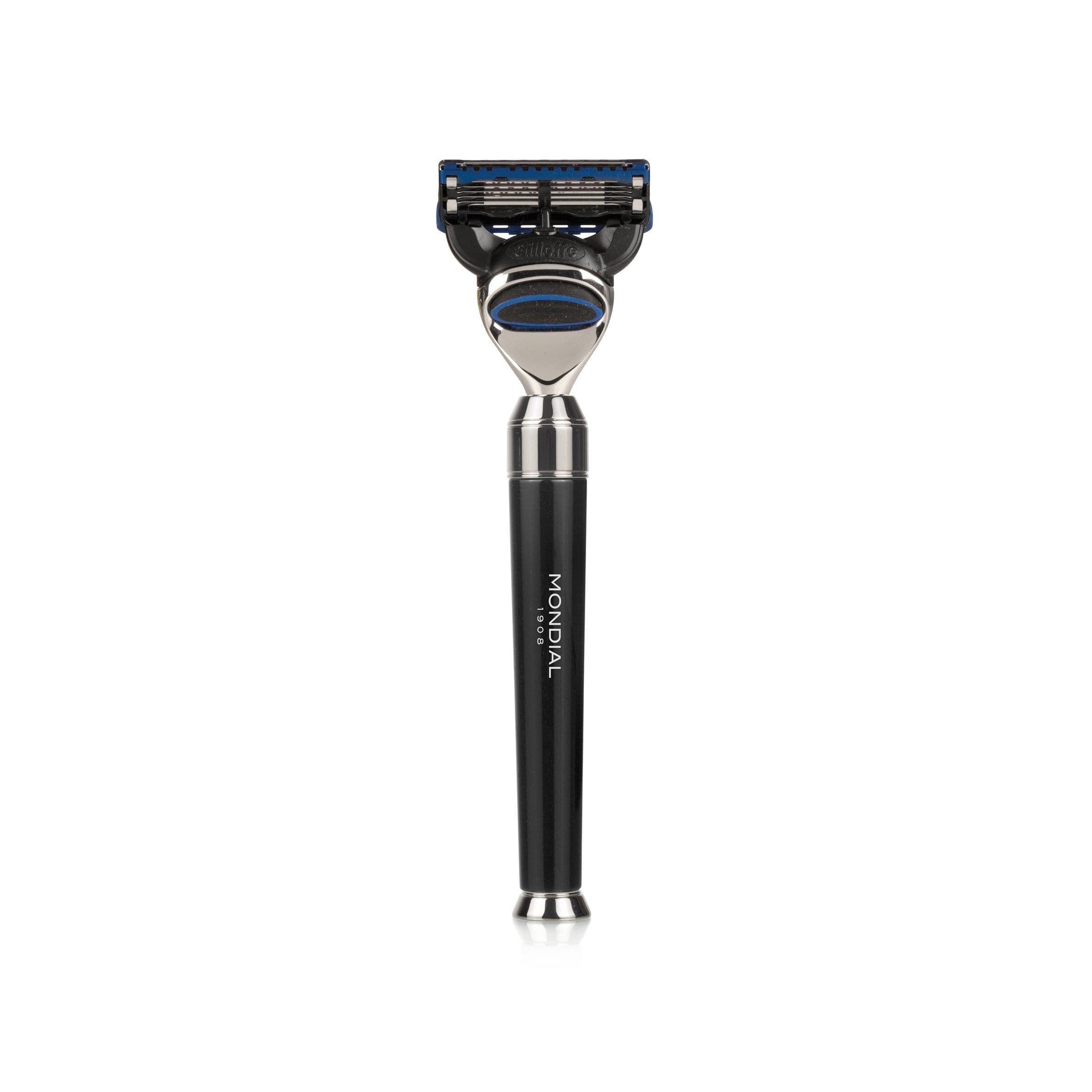 Premium Black Shaving Set: Chrome Stand & Bowl + Super Badger Brush + Cartridge Razor