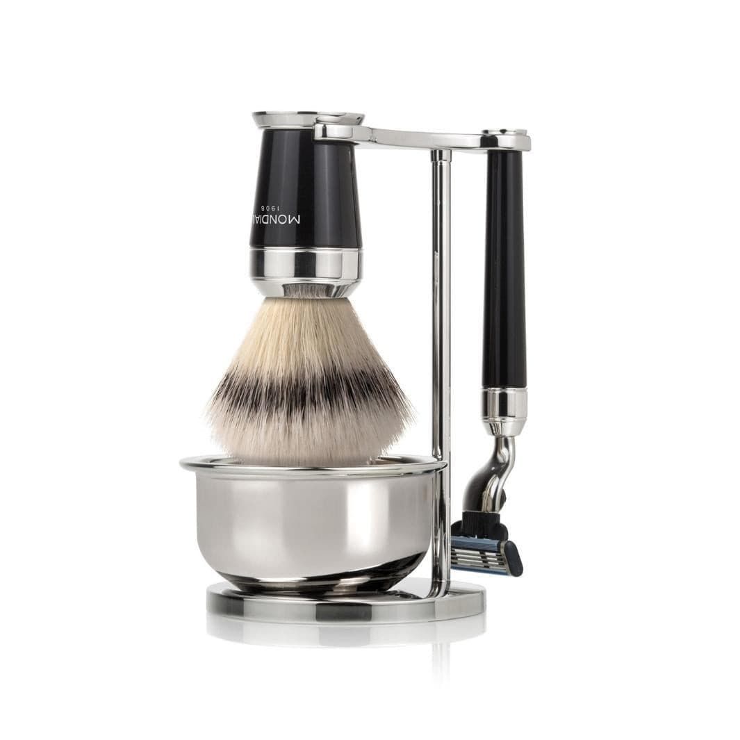 Premium Black Shaving Set: Chrome Stand & Bowl + Super Badger Brush + Cartridge Razor