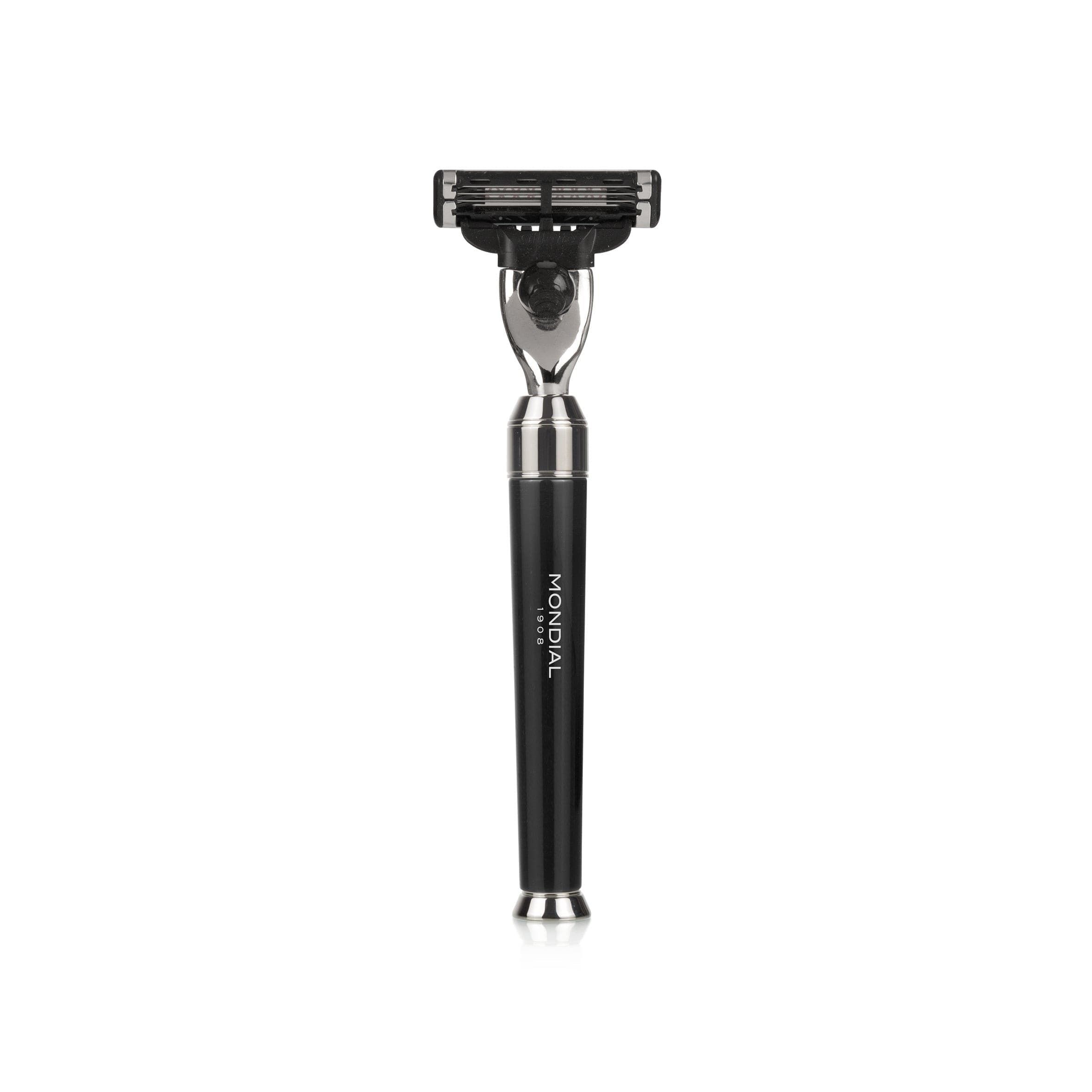 Premium Black Shaving Set: Chrome Stand & Bowl + Super Badger Brush + Cartridge Razor