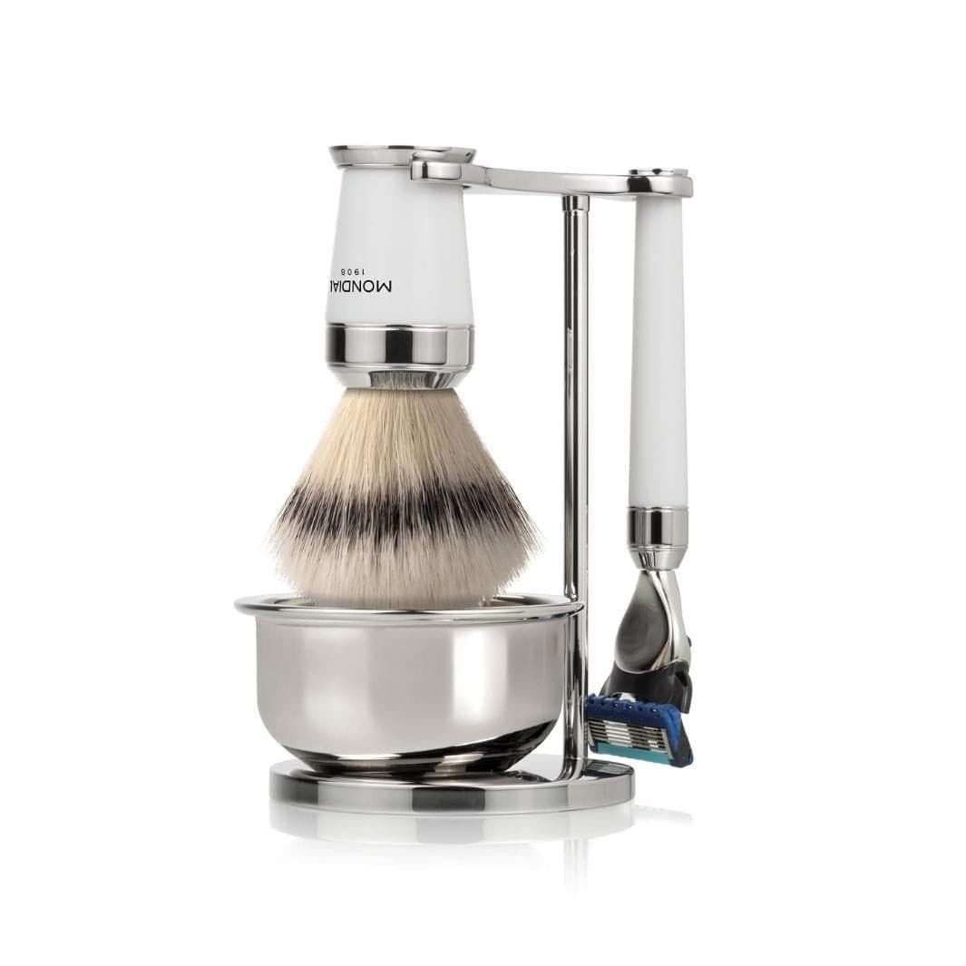 Premium White Shaving Set: Chrome Stand & Bowl + Super Badger Brush + Cartridge Razor
