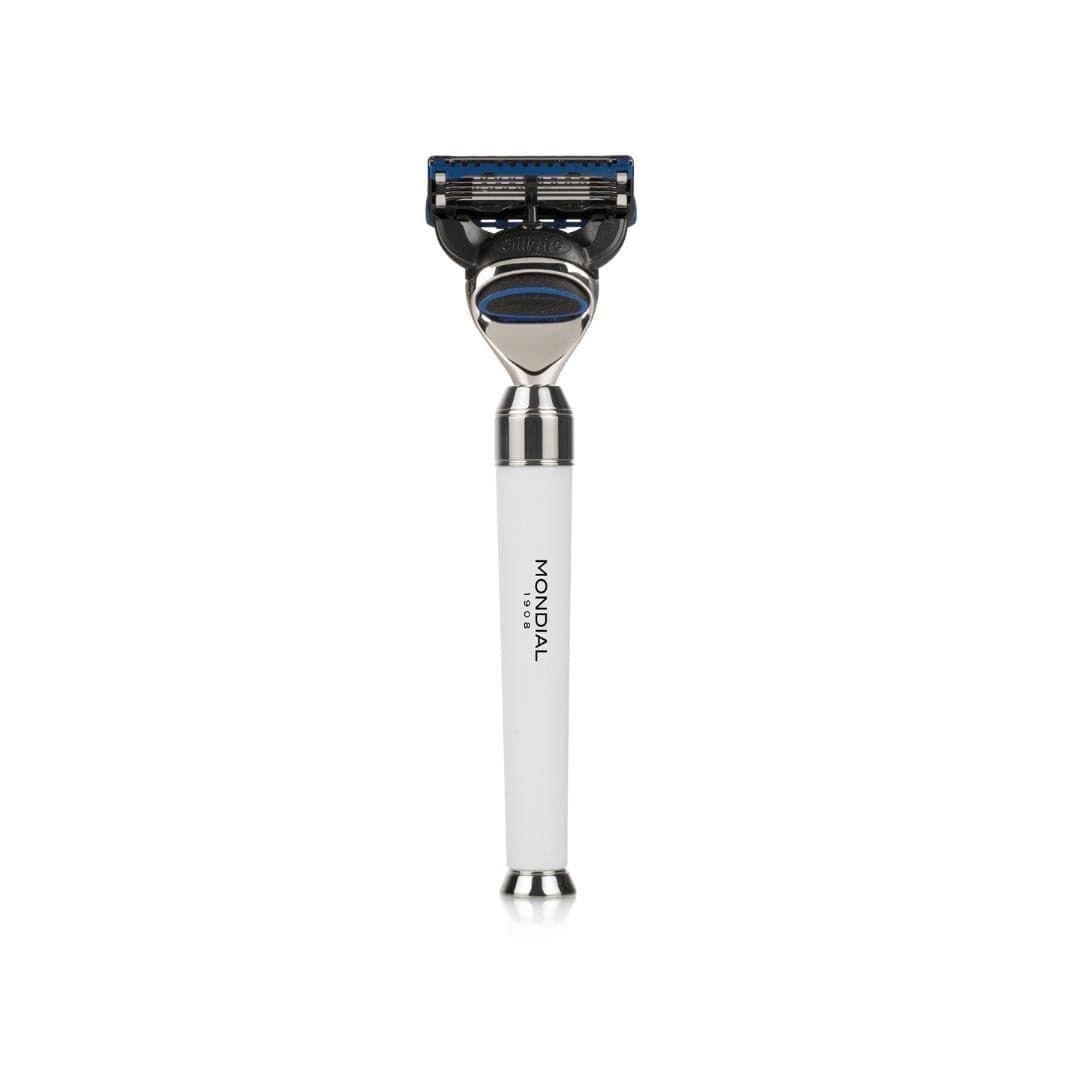 Premium White Shaving Set: Chrome Stand & Bowl + Super Badger Brush + Cartridge Razor