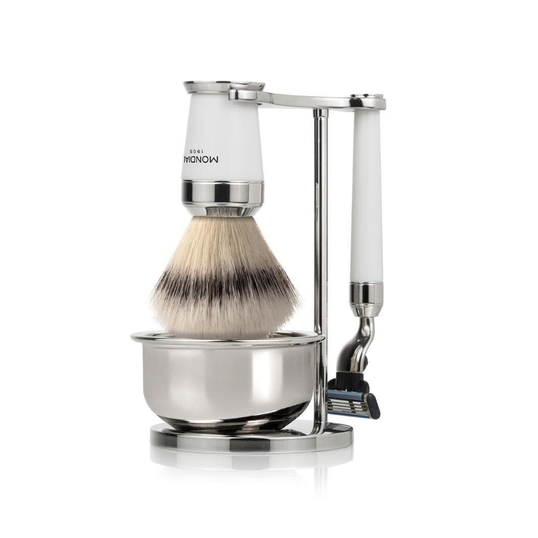 Premium White Shaving Set: Chrome Stand & Bowl + Super Badger Brush + Cartridge Razor