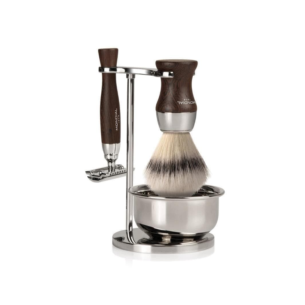 Heritage Wengé Shaving Set: Chrome Stand & Bowl + Super Badger Brush + Safety Razor