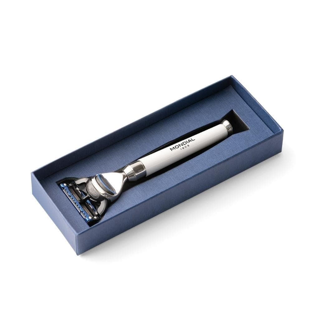 Premium Cartridge Razor Handle in White Resin & Chrome