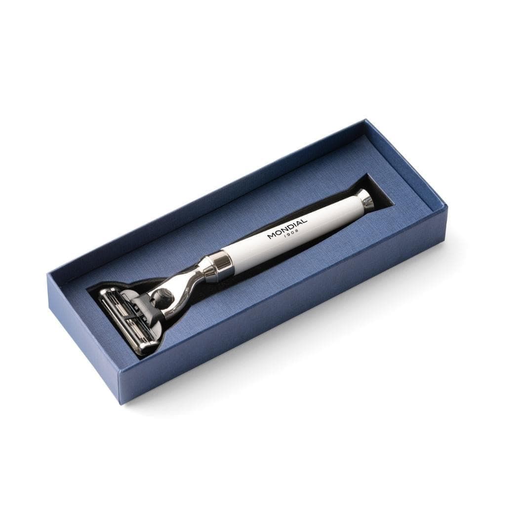 Premium Cartridge Razor Handle in White Resin & Chrome