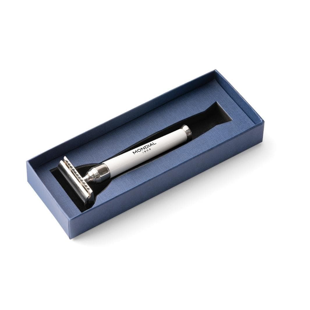 Premium Safety Razor with Handle in White Resin & Chrome