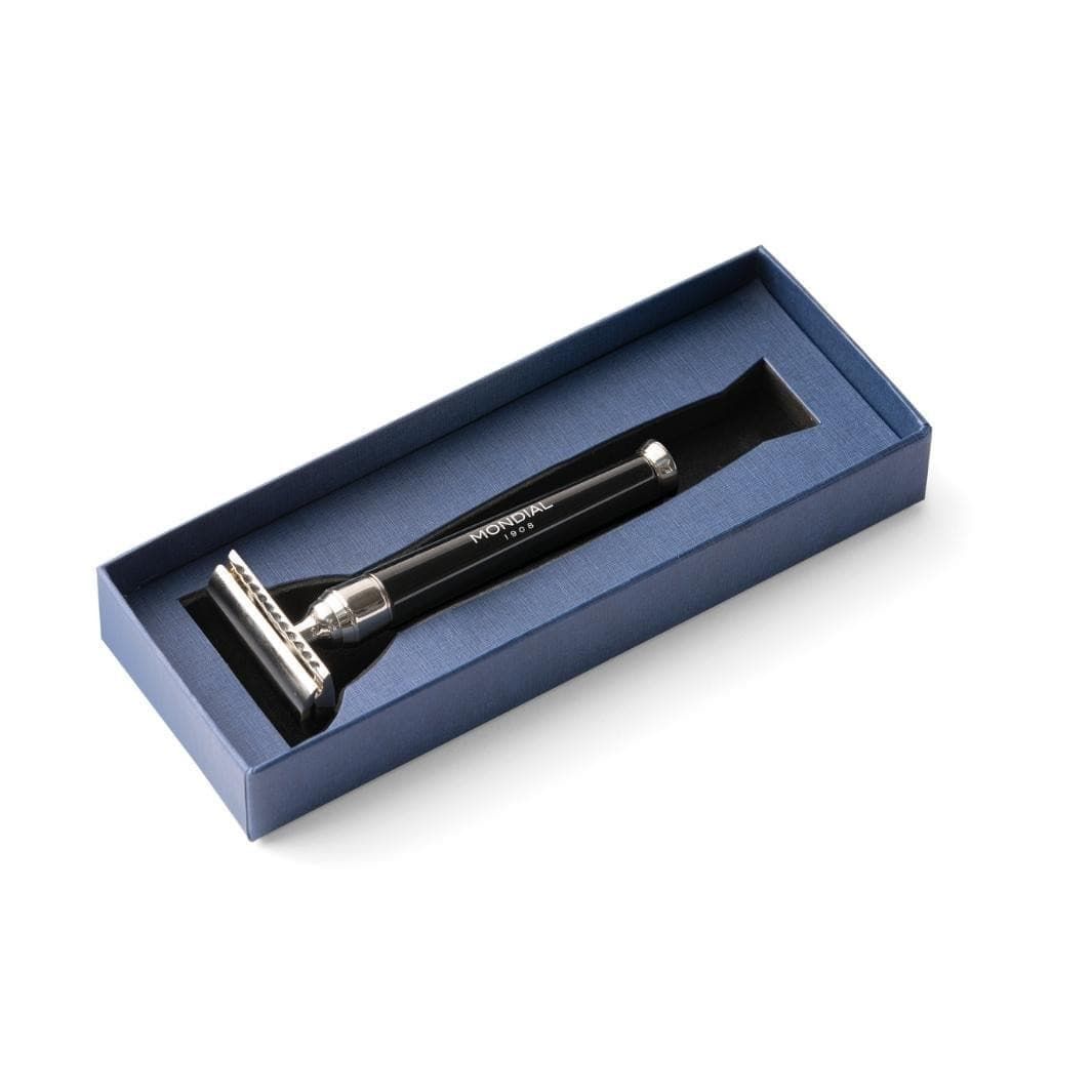 Premium Safety Razor with Handle in Black Resin & Chrome