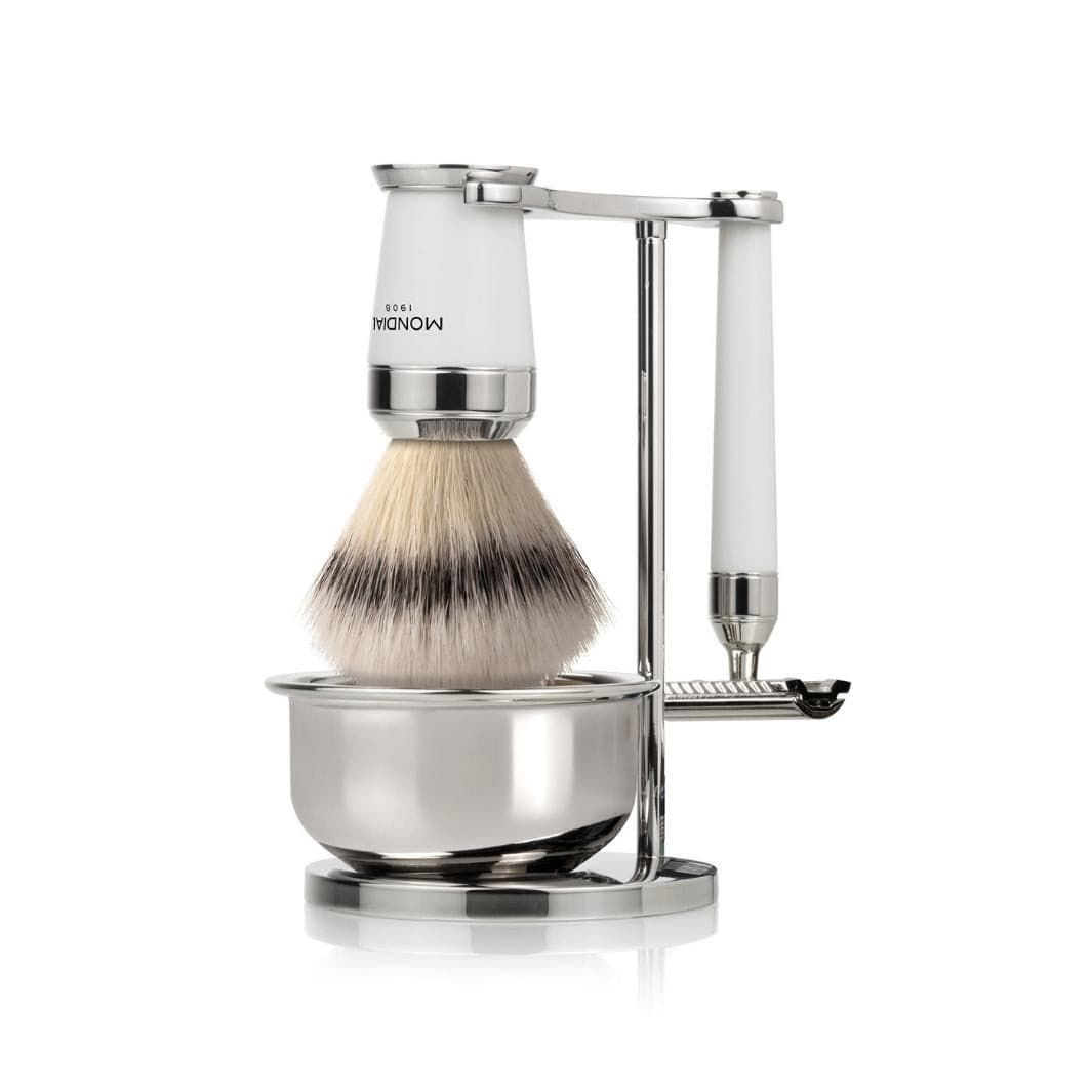 Premium White Shaving Set: Chrome Stand ...